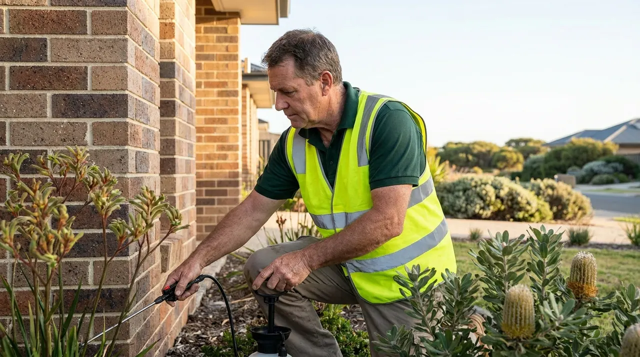 Pest technician treating the exterior of a brick home