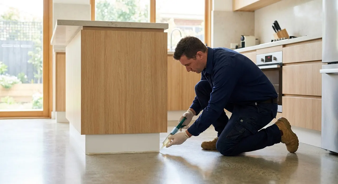 Pest technician applying cockroach gel bait in a Southern Sydney kitchen