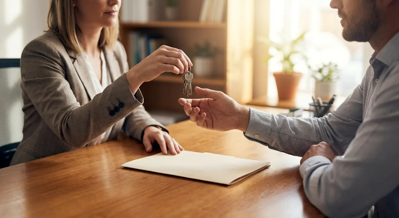 Property manager handing over keys with a pest report on the desk