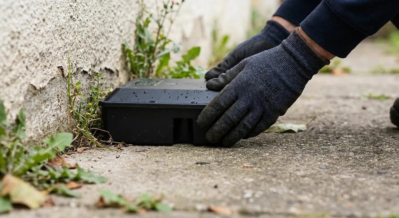 A secured, tamper-resistant rodent bait station placed against an exterior wall