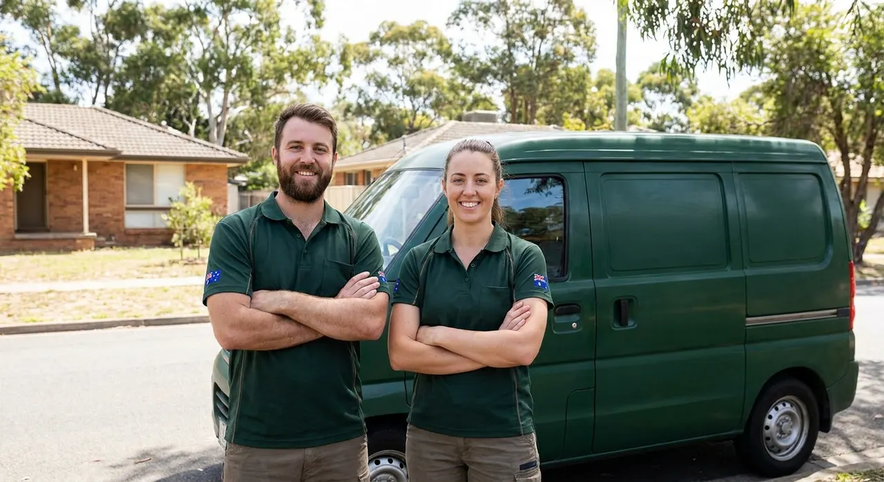 Southern Pest Co technicians standing beside their service van