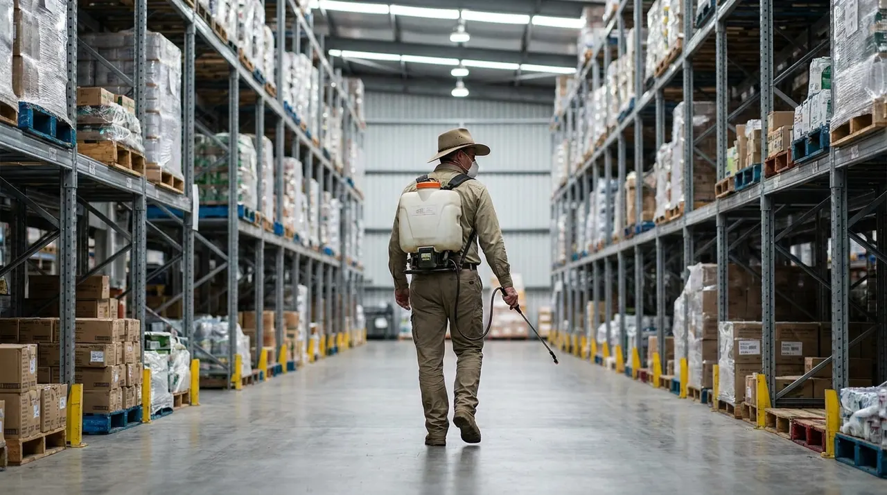 Technician treating a warehouse aisle with racking